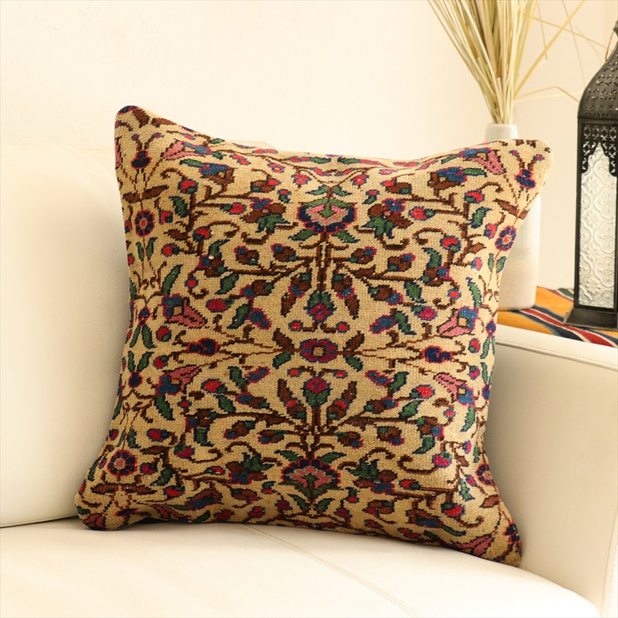クッションカバー ヴィンテージ パイル織り45×45cm トルコ絨毯フラワーデザイン Old Carpet Cushion