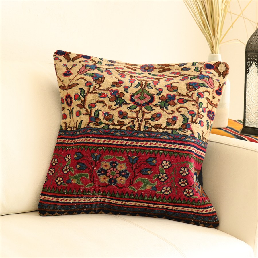 クッションカバー ヴィンテージ パイル織り45×45cm トルコ絨毯 フラワーデザイン Old Carpet Cushion