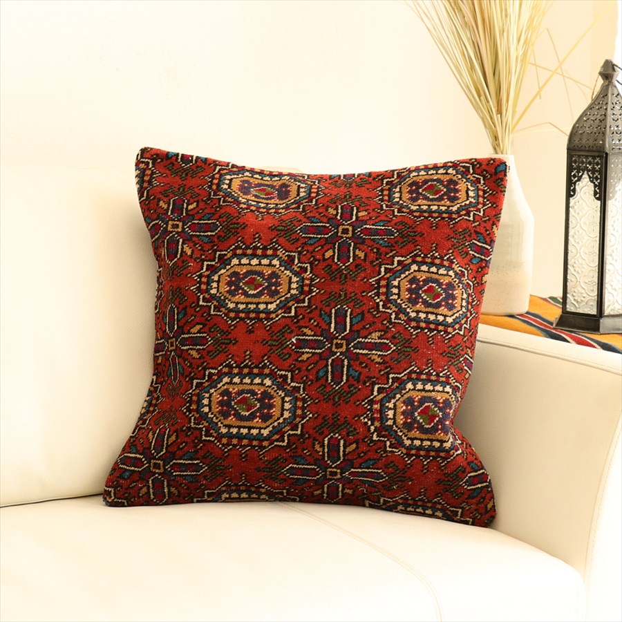 クッションカバー ヴィンテージ パイル織り 絨毯45×45cm トルクメン ヤムート レッド Old Carpet Cushion