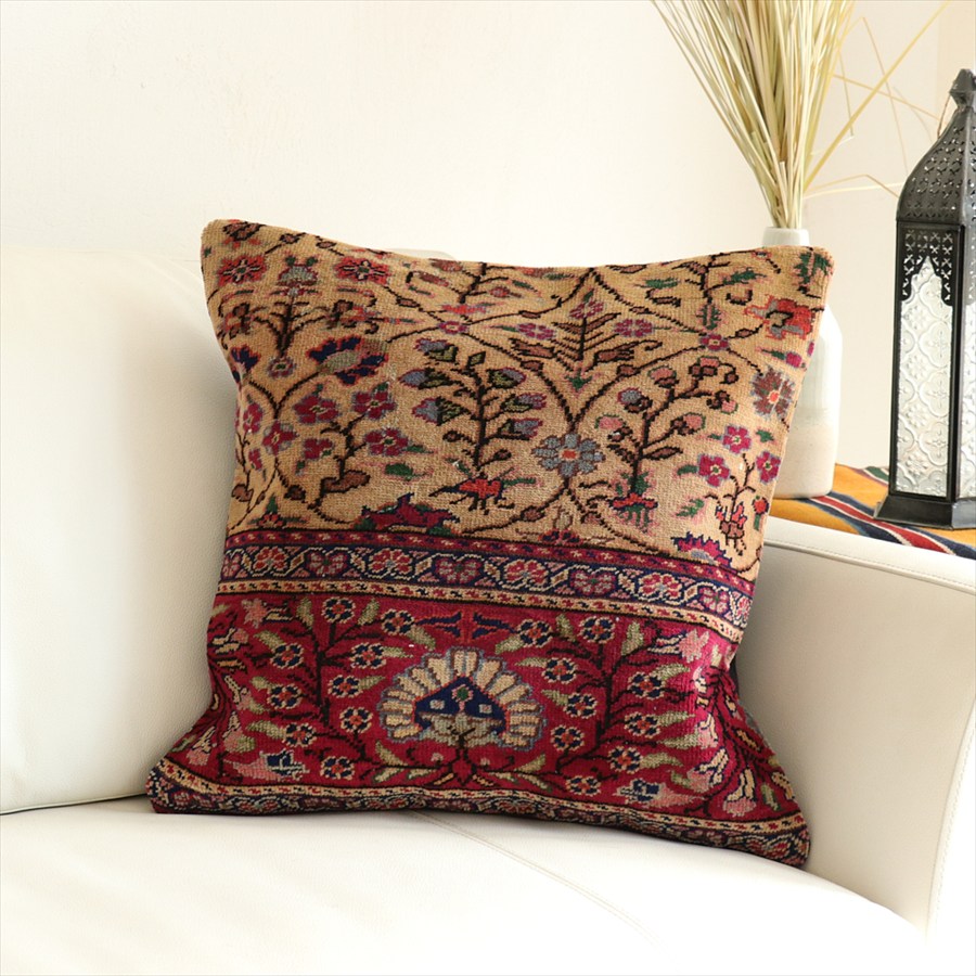 クッションカバー ヴィンテージ パイル織り45×45cm トルコ絨毯 フラワーデザイン Old Carpet Cushion
