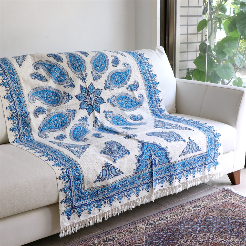 ガラムカールペルシャ更紗150ｃｍ長方形ブルー（水色）ペイズリー柄・水玉地模様