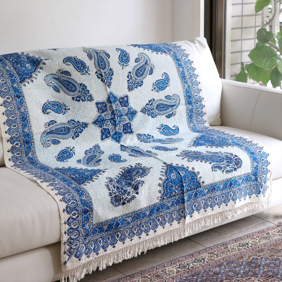 ガラムカールペルシャ更紗149x101ｃｍ 長方形 ブルー系ペイズリー柄・青い花の地模様