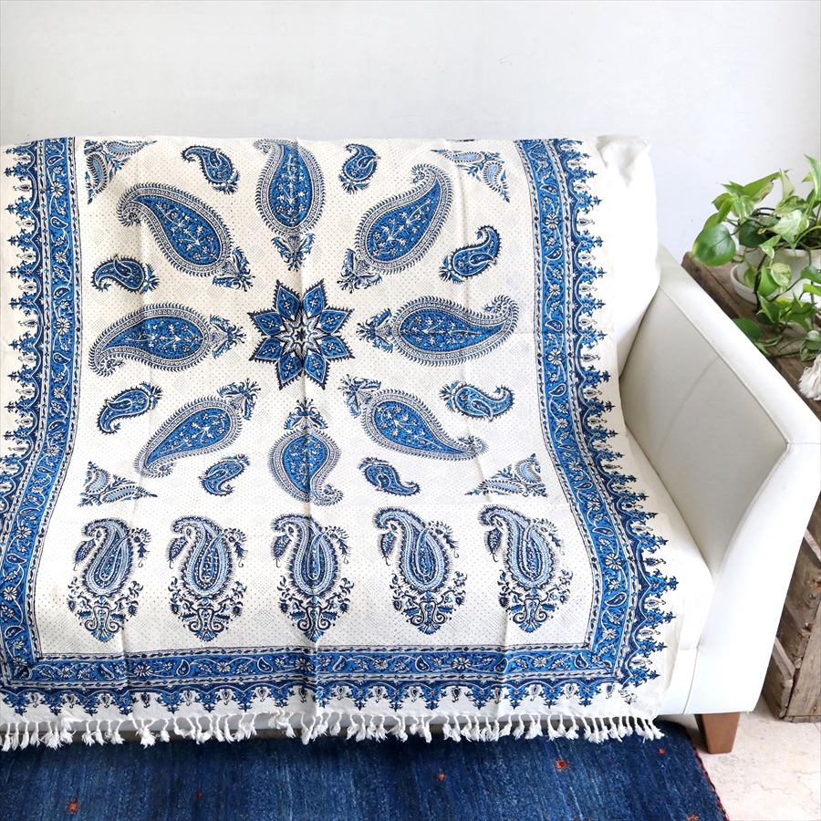 ペルシャ更紗・イラン手染め布/ソファカバー・マルチクロス/ブルー系ペイズリー柄