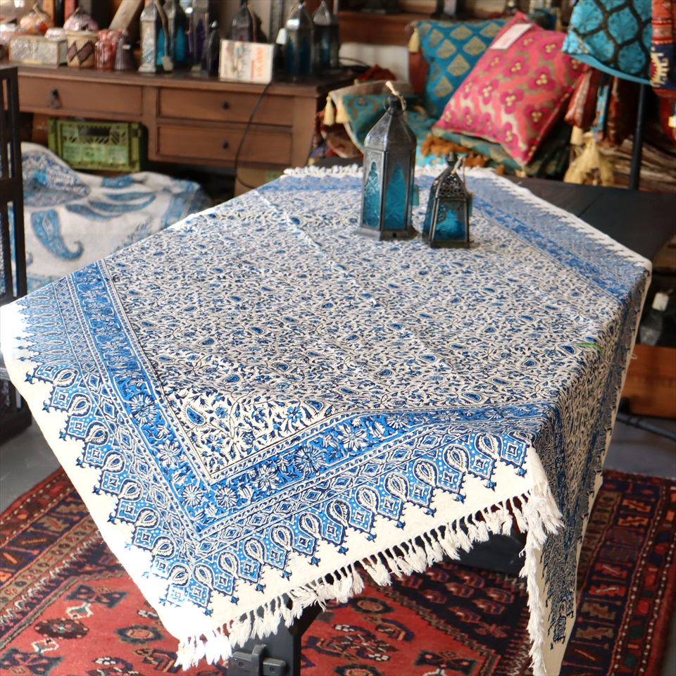 ペルシャ更紗・イラン手染め布/150x100cmサイズ ソファカバー・タペストリー ブルー系フラワー柄