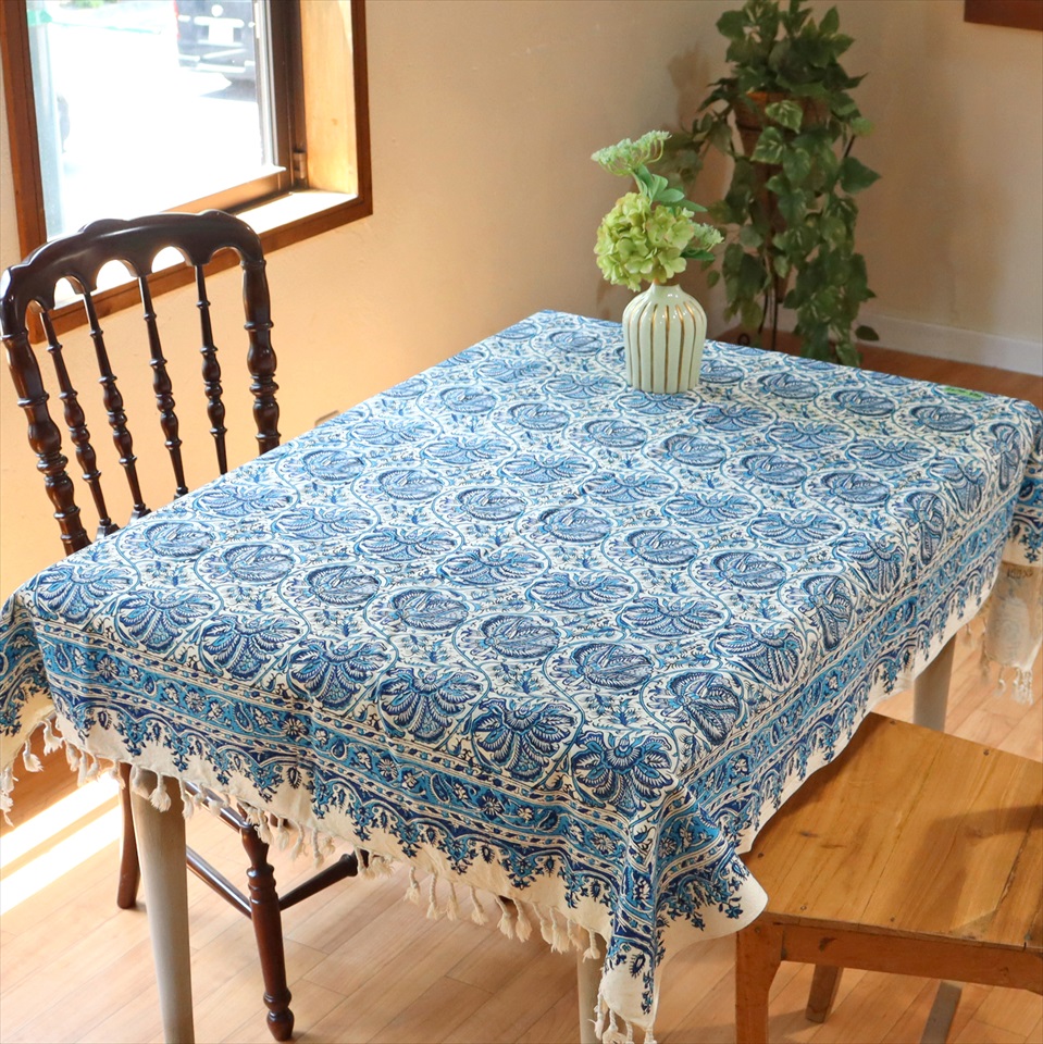 ガラムカール ペルシャ更紗 148x100cｍ ブルー系フラワー柄　イラン手染め布 テーブルクロス ソファーカバー