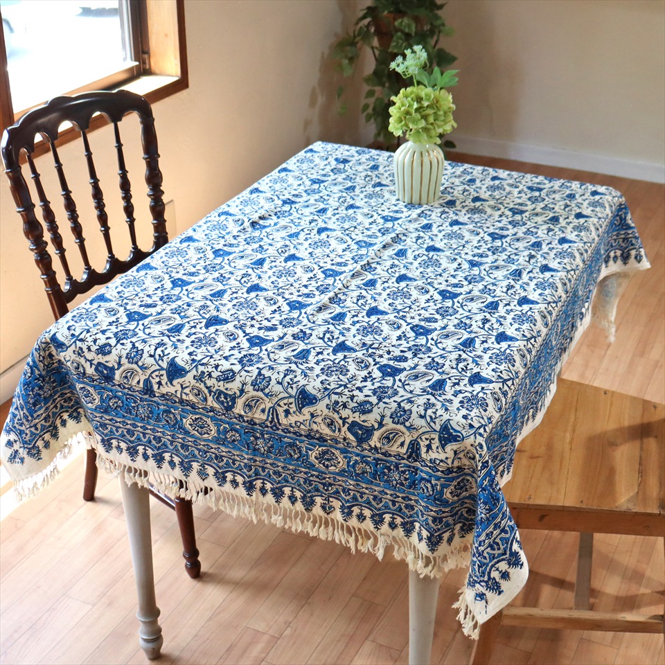ガラムカール ペルシャ更紗 143x101cｍ ブルー系フラワー柄　イラン手染め布 テーブルクロス ソファーカバー