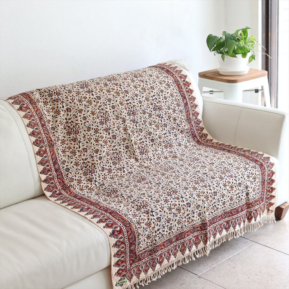 ペルシャ更紗 イラン手染め布 145×101cm アンバー系 フラワー柄 イラン手染め布 テーブルクロス ソファーカバー