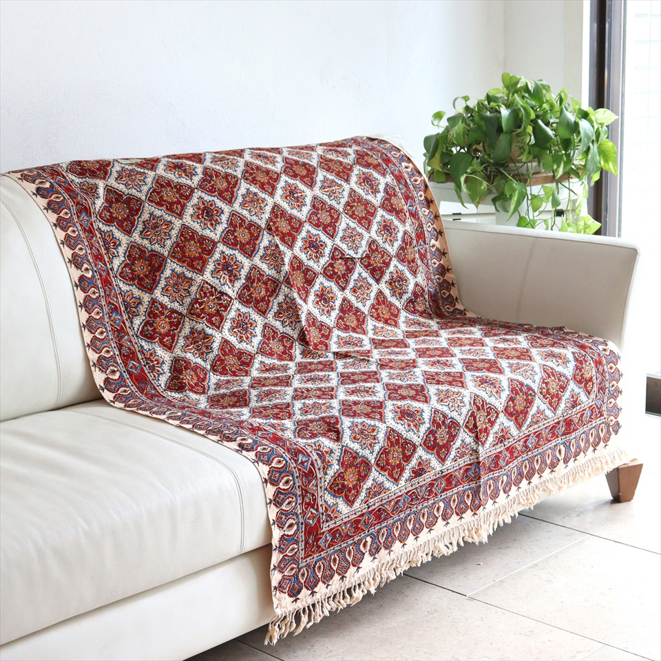 ペルシャ更紗 イラン手染め布 143x99cm アンバー系 フラワー柄 イラン手染め布 テーブルクロス ソファーカバー