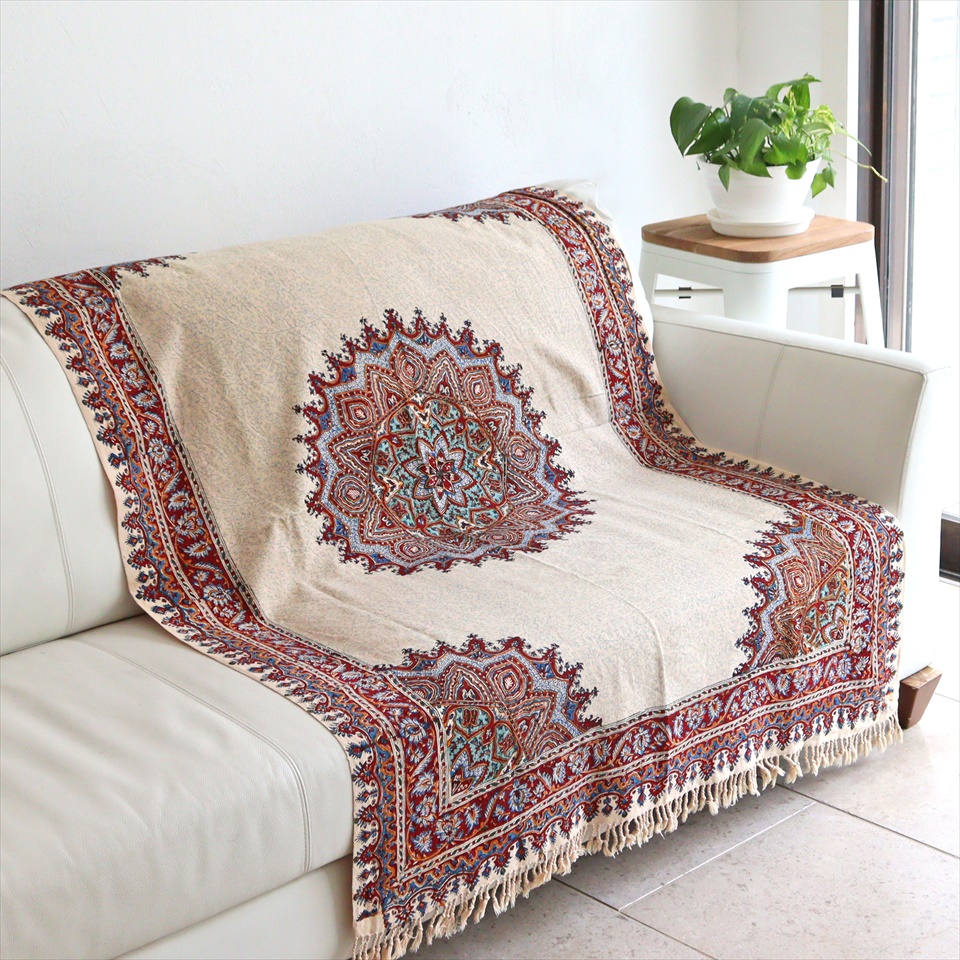 ペルシャ更紗 イラン手染め布 145×99cm アンバー系 ペイズリー イラン手染め布 テーブルクロス ソファーカバー