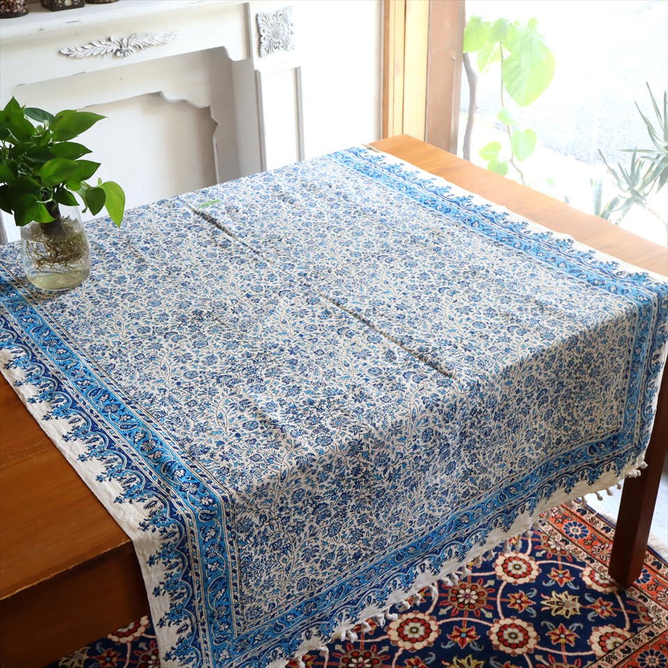 ペルシャ更紗 イラン手染め布 147×98cm ブルー系 フラワー柄 テーブルクロス ソファーカバー