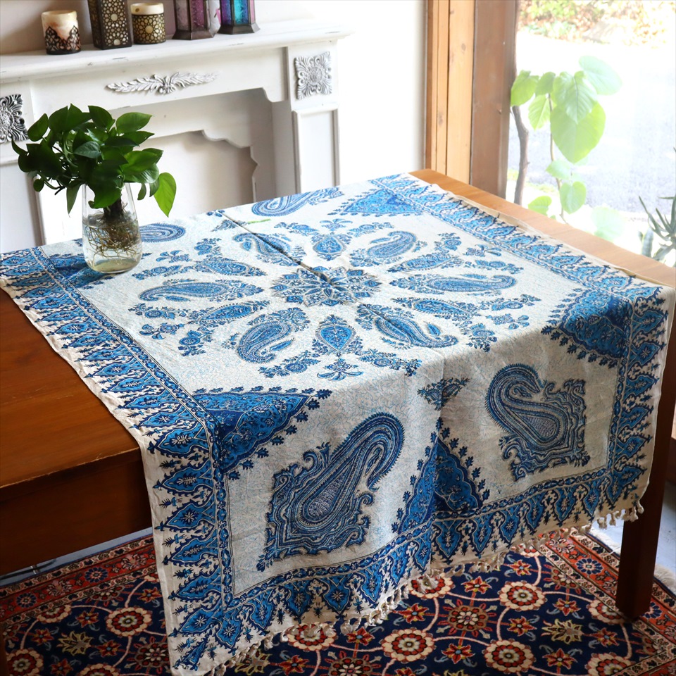 ペルシャ更紗 イラン手染め布 147×99cm ブルー系 ペイズリー テーブルクロス ソファーカバー