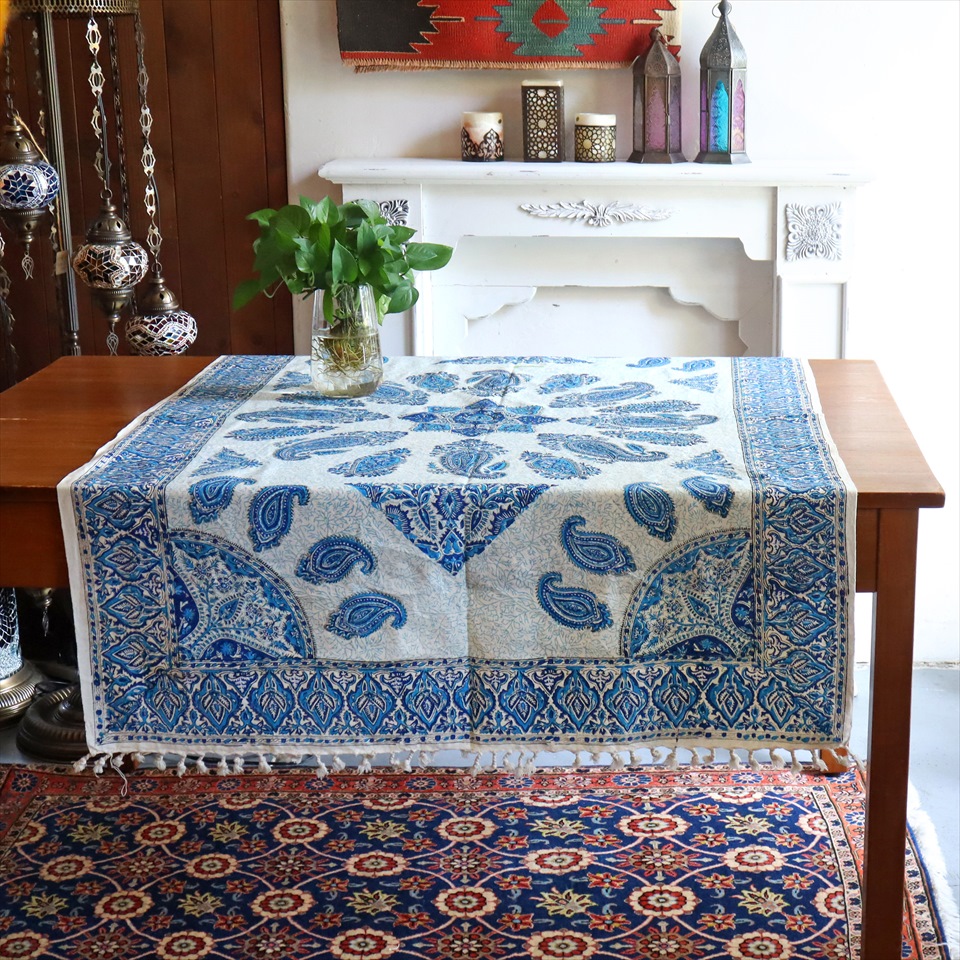 ペルシャ更紗 イラン手染め布 146×98cm ブルー系 ペイズリー テーブルクロス ソファーカバー