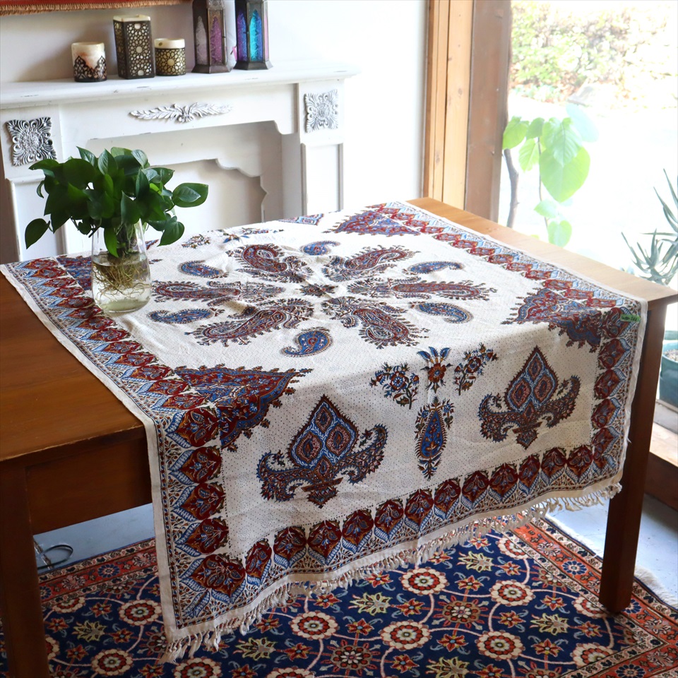 ペルシャ更紗 イラン手染め布 144×100cm アンバー系 ペイズリー テーブルクロス ソファーカバー