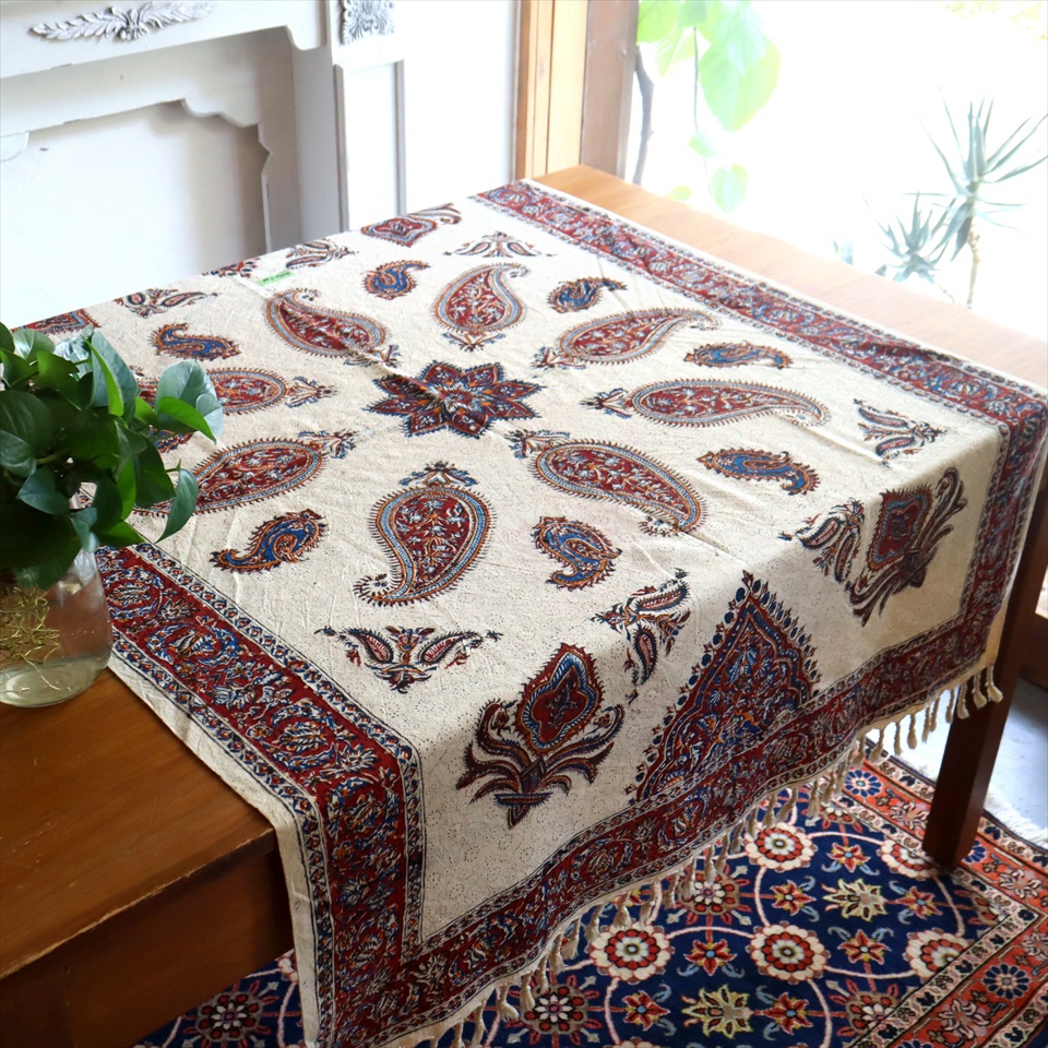 ペルシャ更紗 イラン手染め布 140×100cm アンバー系 ペイズリー テーブルクロス ソファーカバー