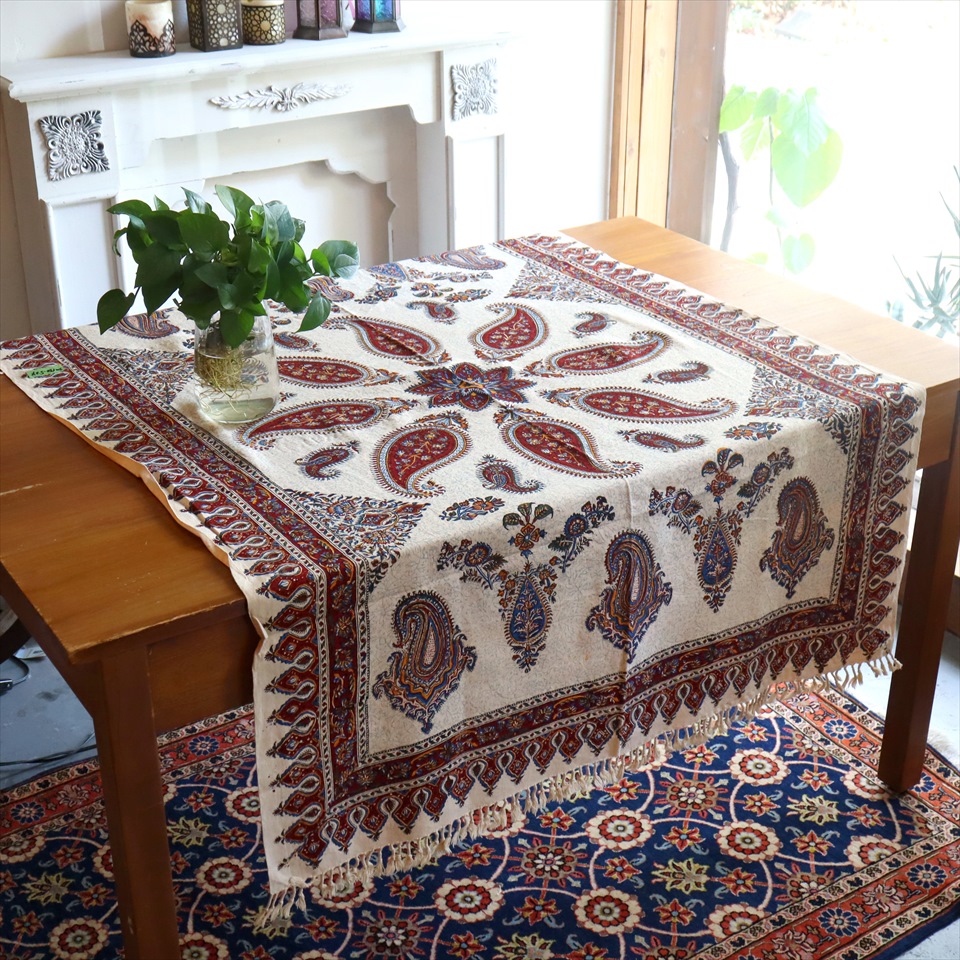ペルシャ更紗 イラン手染め布 144×100cm アンバー系 ペイズリー テーブルクロス ソファーカバー