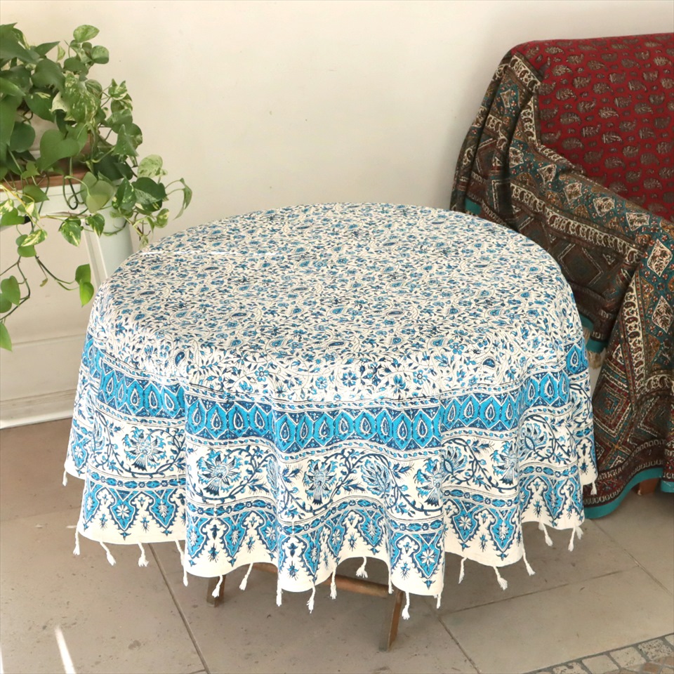 ペルシャ更紗 イラン手染め布 円形 φ147cmソファーカバー テーブルクロス ブルー系 フラワー柄