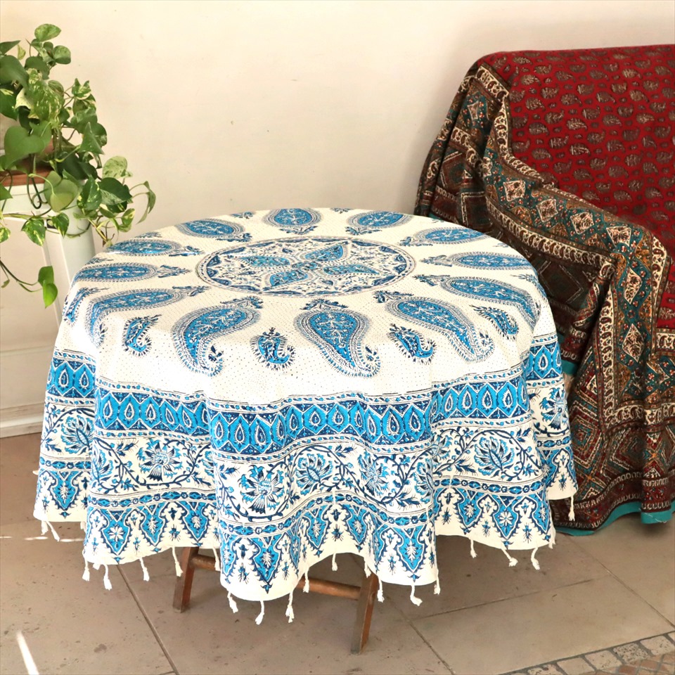 ペルシャ更紗 イラン手染め布 円形 φ144cmソファーカバー テーブルクロス ブルー系 ペイズリー