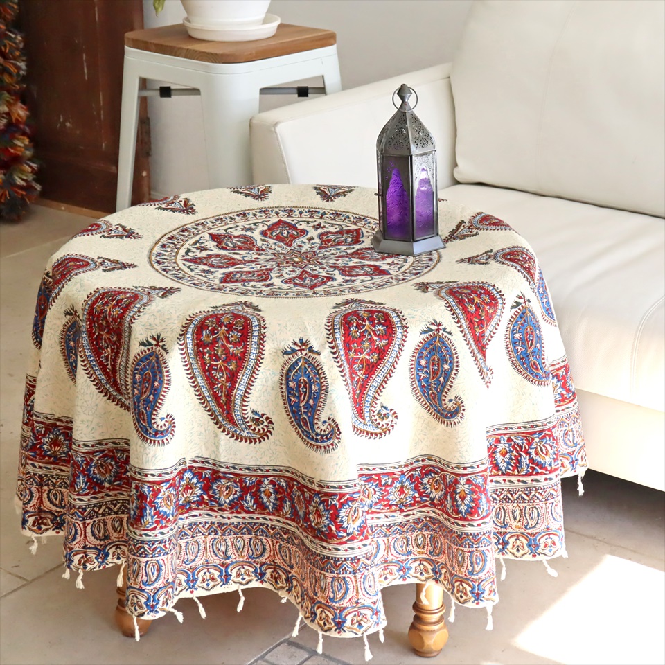 ペルシャ更紗 イラン手染め布 円形 Φ142cm  ソファーカバー テーブルクロス アンバー系 ペイズリー