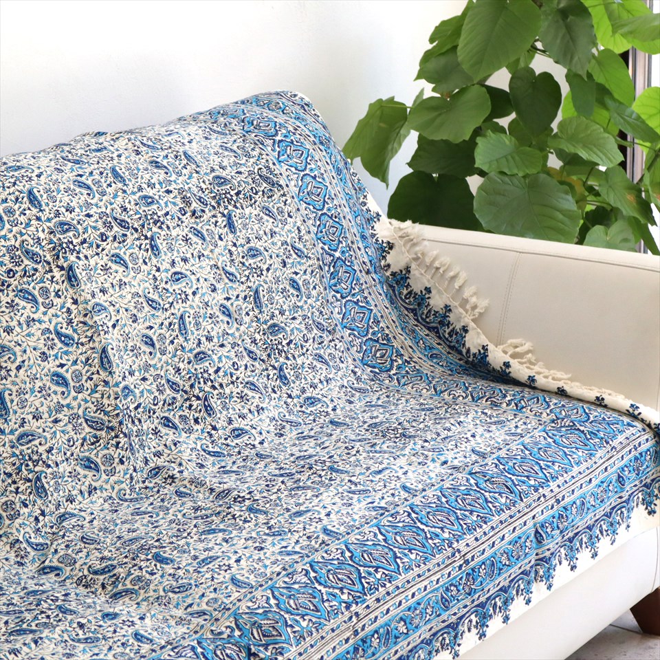ペルシャ更紗 イラン手染め布 189ｘ127cm ブルー系 ペイズリー柄  テーブルクロス ソファカバー