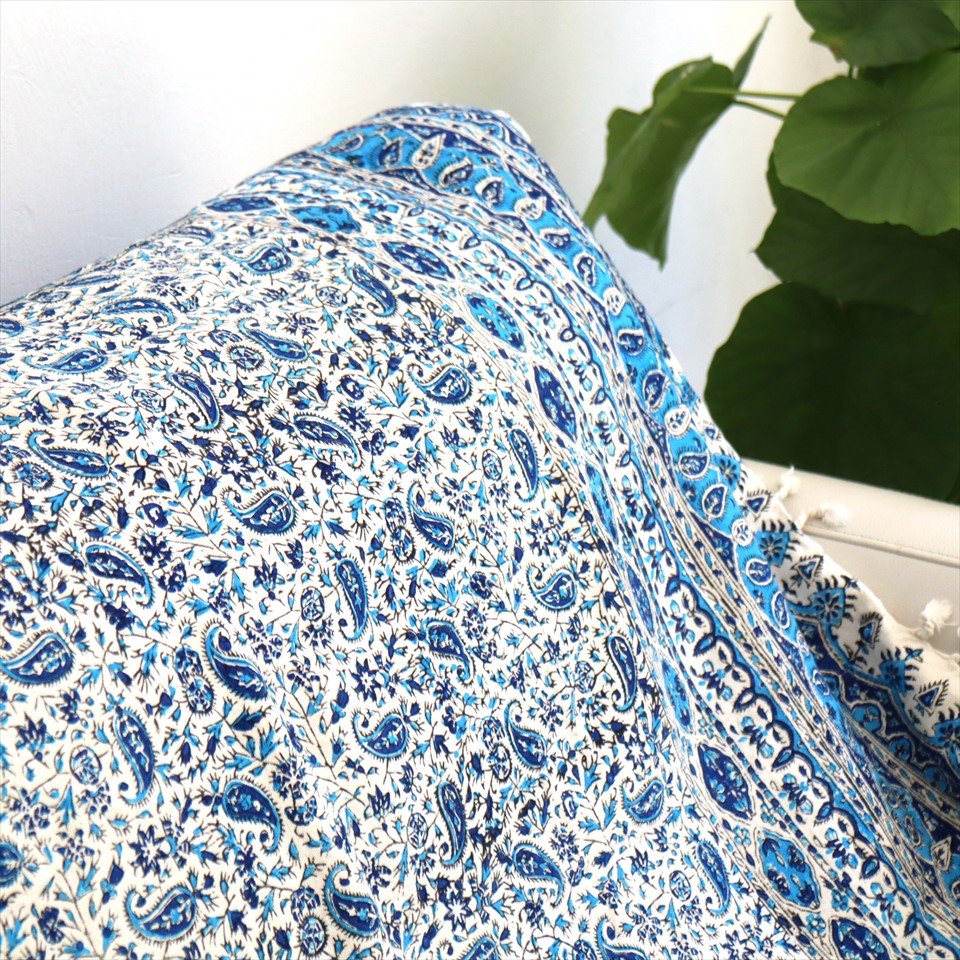 ペルシャ更紗 イラン手染め布 190x127cm ブルー系 ペイズリー柄  テーブルクロス ソファカバー