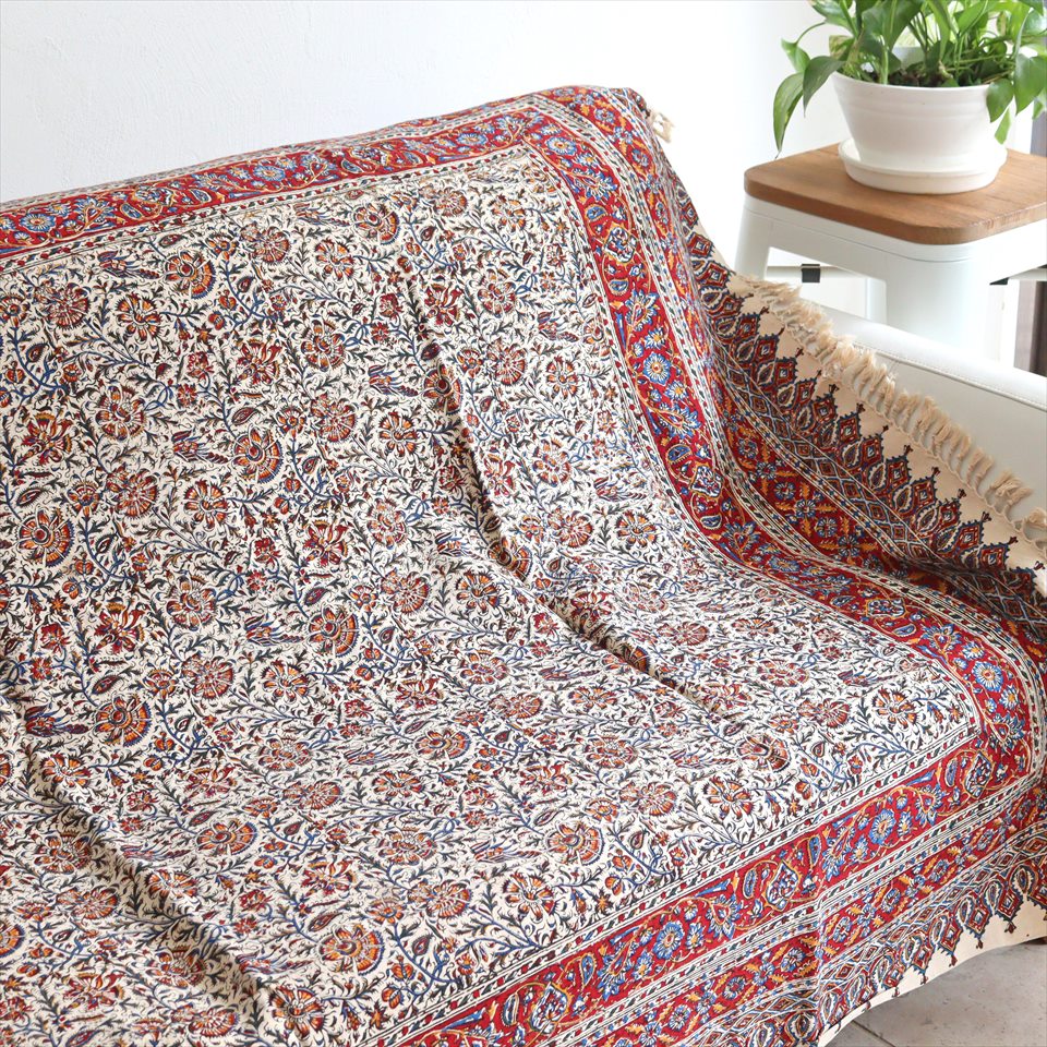 ペルシャ更紗 イラン手染め布 191×132cm ガラムカール アンバー系 フラワー柄 テーブルクロス ソファカバー