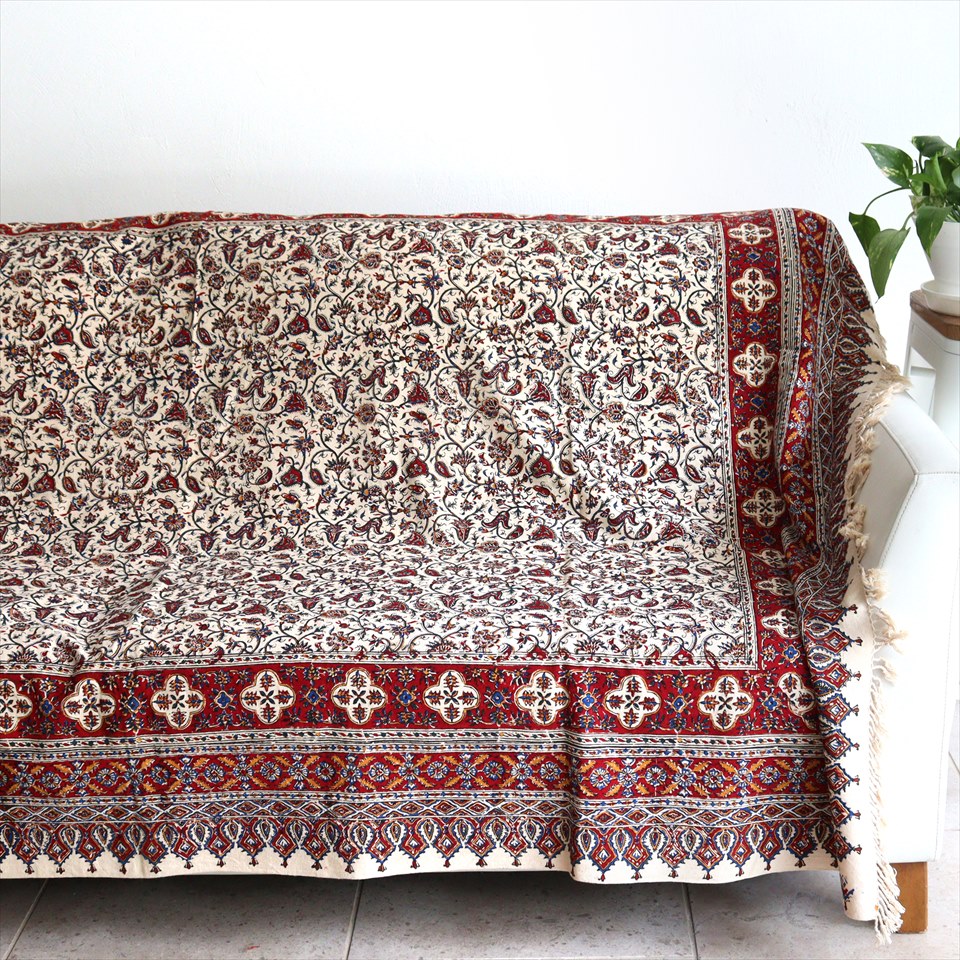 ペルシャ更紗 イラン手染め布 193×133cm ガラムカール アンバー系 フラワー柄 テーブルクロス ソファカバー