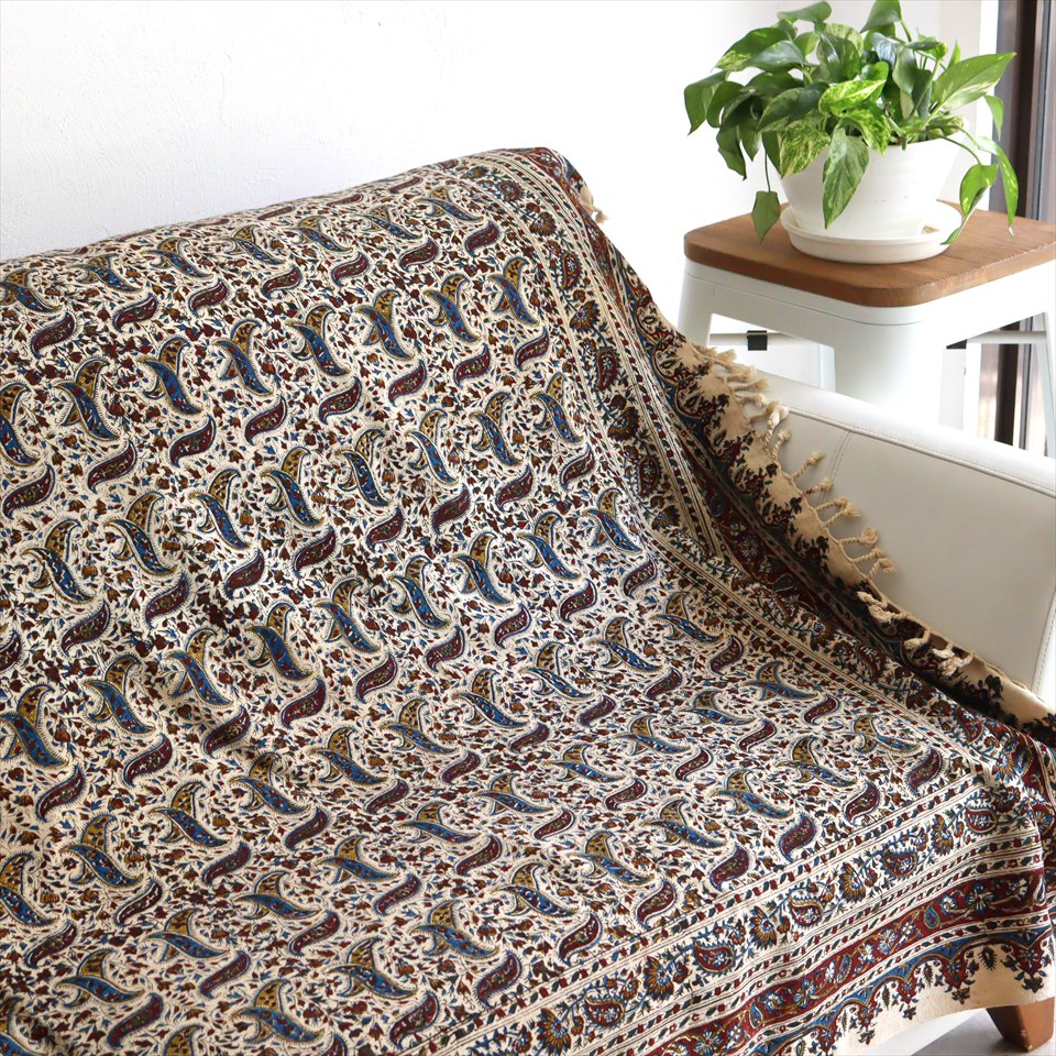 ペルシャ更紗 イラン手染め布 190×129cm ガラムカール アンバー系 フラワー柄 テーブルクロス ソファカバー