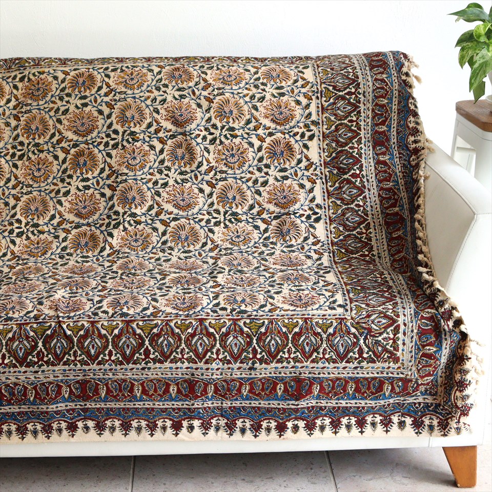 ペルシャ更紗 イラン手染め布 193×127cm ガラムカール アンバー系 フラワー柄 テーブルクロス ソファカバー
