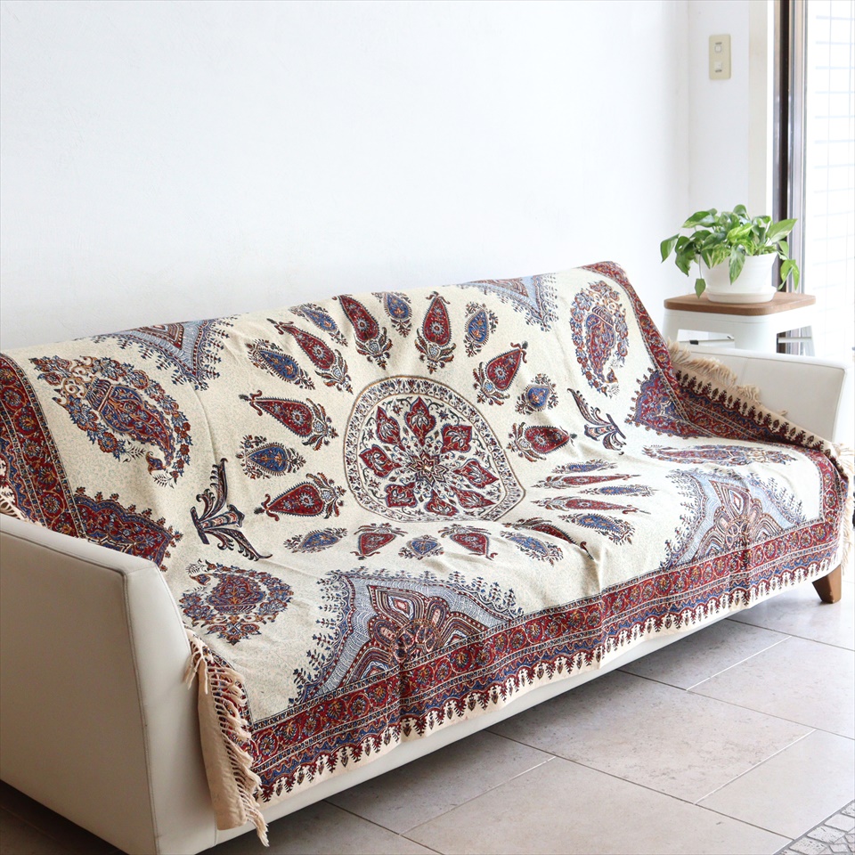 ペルシャ更紗 イラン手染め布 189×132cm ガラムカール アンバー系ペイズリー柄 テーブルクロス ソファカバー