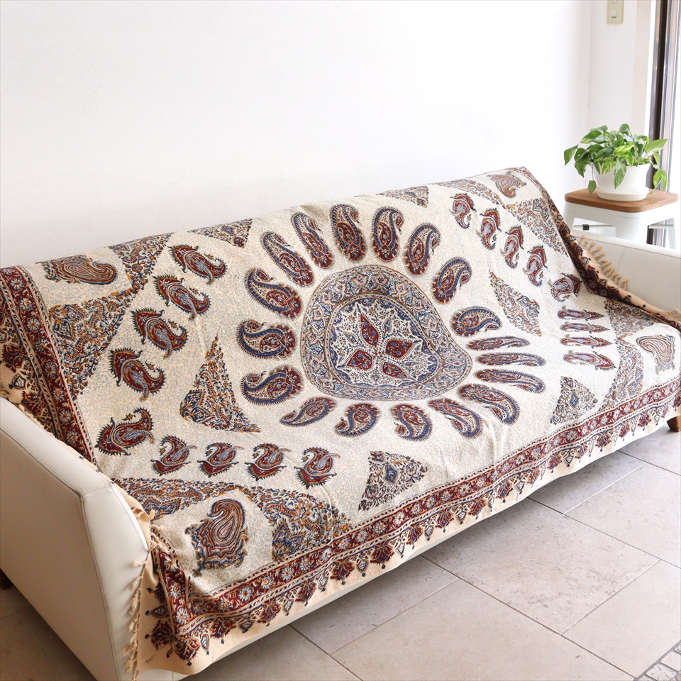 ペルシャ更紗 イラン手染め布 195×130cm ガラムカール アンバー系ペイズリー柄 テーブルクロス ソファカバー