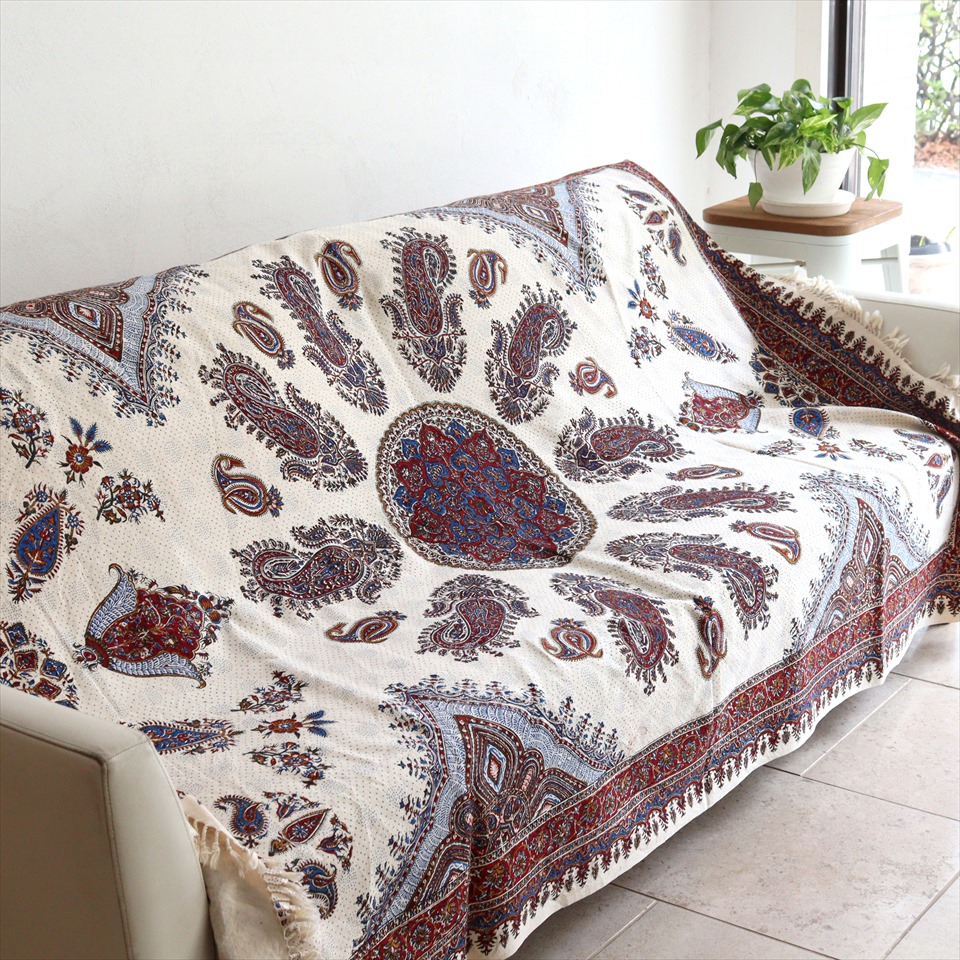 ペルシャ更紗 イラン手染め布 194×132cm ガラムカール アンバー系ペイズリー柄 テーブルクロス ソファカバー