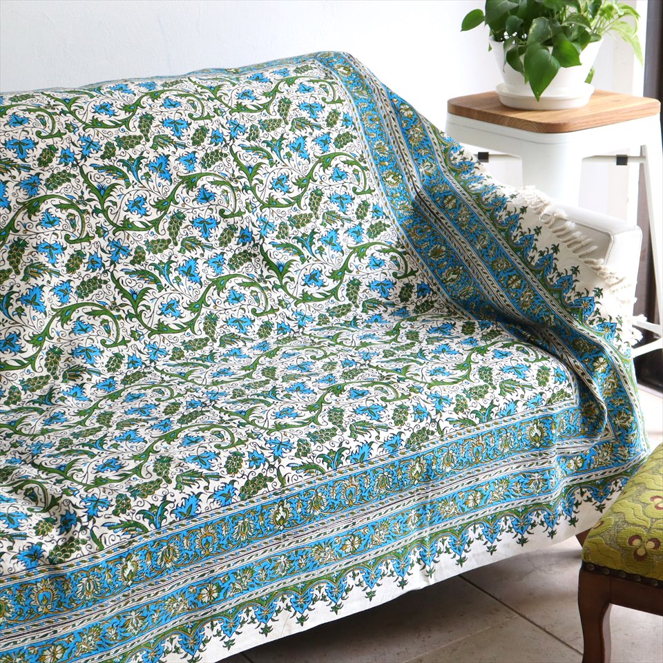 【15%OFF】ペルシャ更紗 イラン手染め布 204x132cm ブルー系　葡萄柄 テーブルクロス ソファカバー