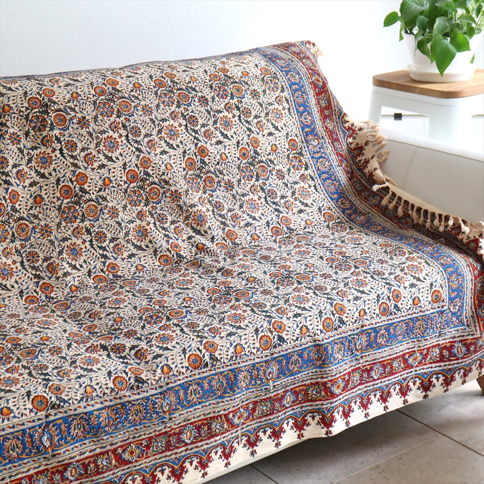 【15%OFF】ペルシャ更紗 イラン手染め布 195x131cm アンバー系　フラワー柄 テーブルクロス ソファカバー
