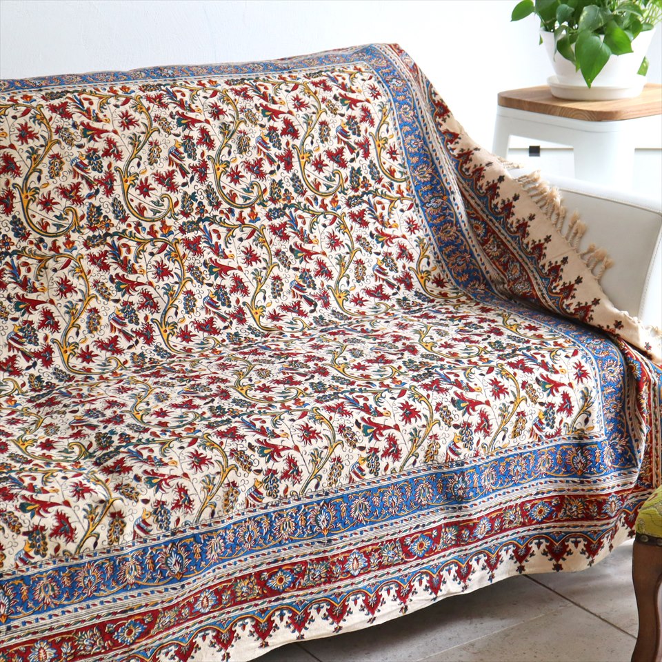 【15%OFF】ペルシャ更紗 イラン手染め布 195x132cm アンバー系 葡萄柄 テーブルクロス ソファカバー