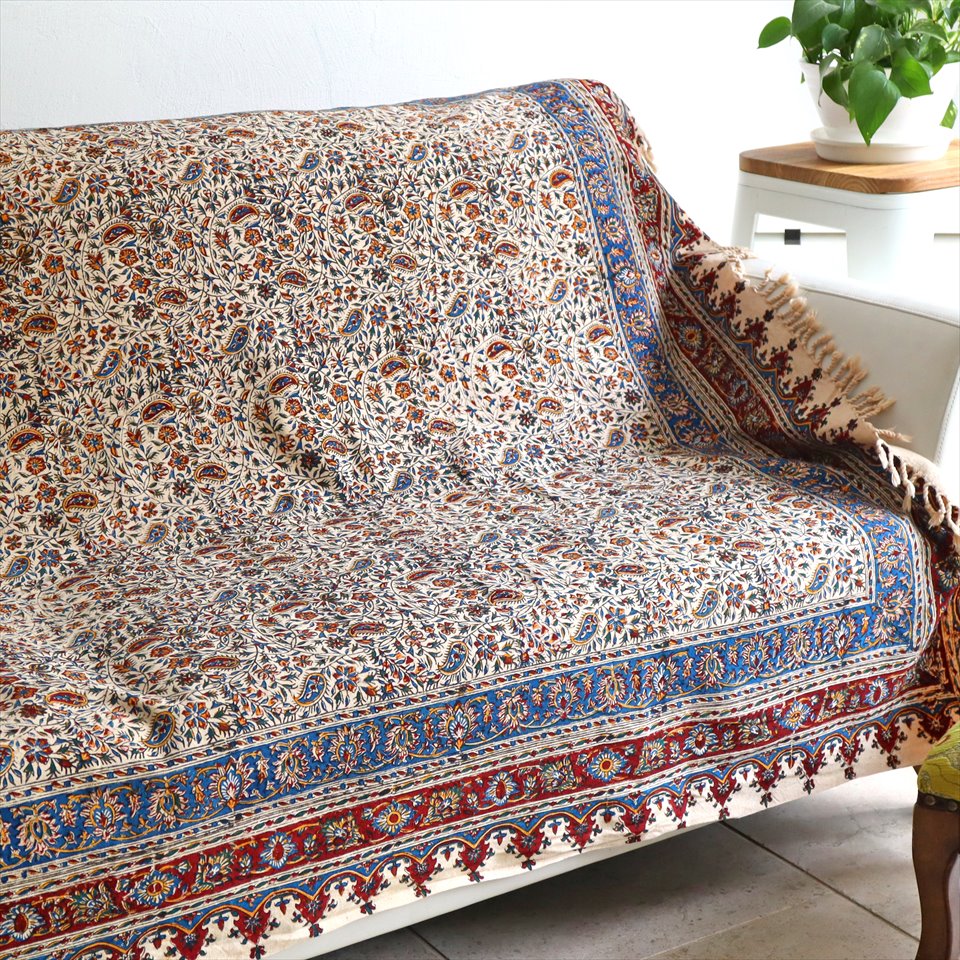 【15%OFF】ペルシャ更紗 イラン手染め布 195x132cm アンバー系 フラワー柄 テーブルクロス ソファカバー