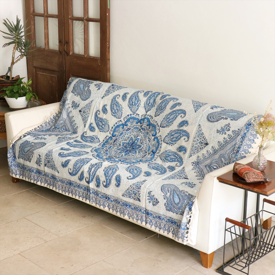ペルシャ更紗 イラン手染め布 190×126cm ブルー系 ペイズリー柄 テーブルクロス ソファカバー