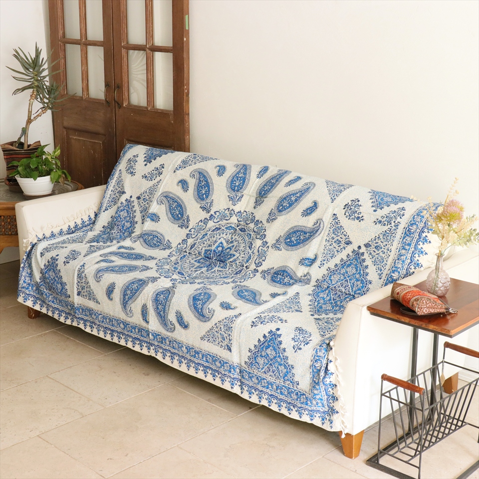 ペルシャ更紗 イラン手染め布 190×130cm ブルー系 ペイズリー柄 テーブルクロス ソファカバー
