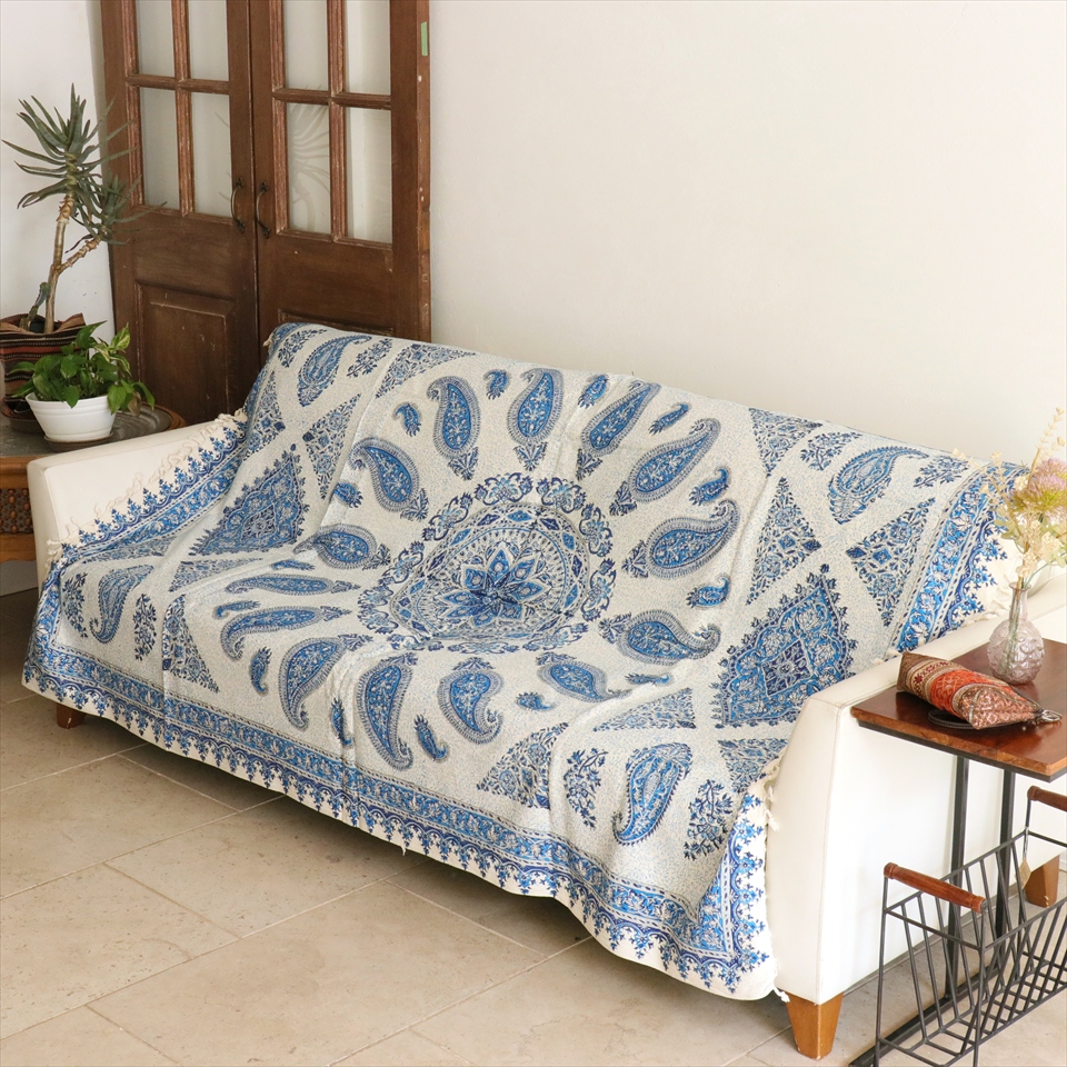 ペルシャ更紗 イラン手染め布 193×127cm ブルー系 ペイズリー柄 テーブルクロス ソファカバー