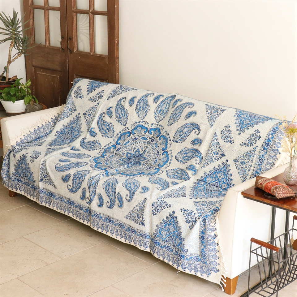 ペルシャ更紗 イラン手染め布 192×126cm ブルー系 ペイズリー柄 テーブルクロス ソファカバー