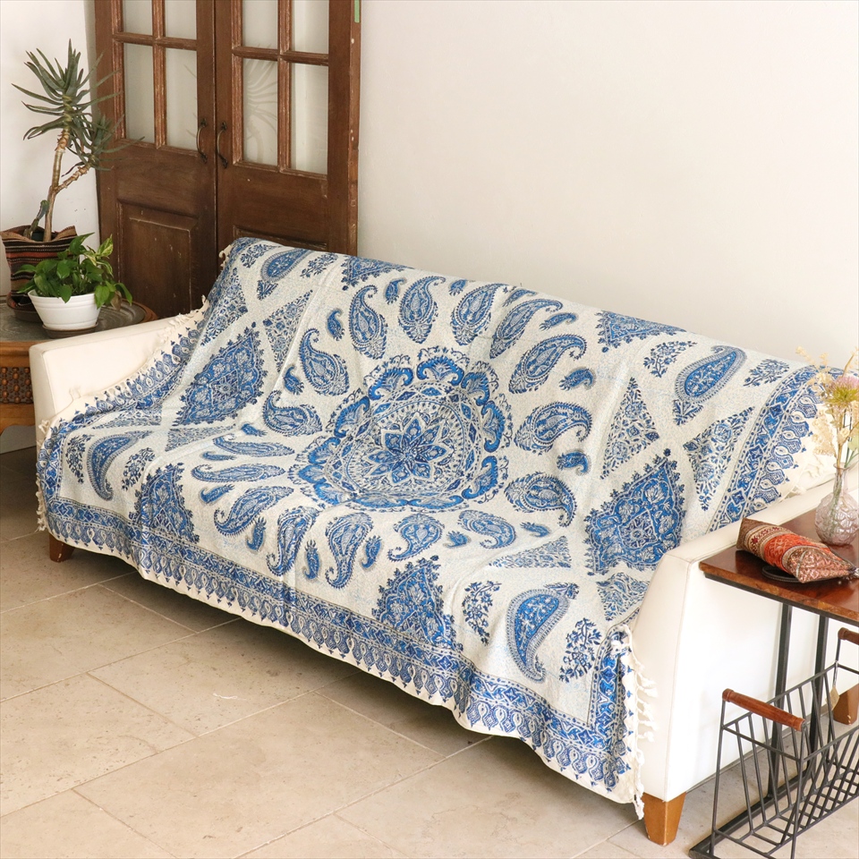 ペルシャ更紗 イラン手染め布 190×127cm ブルー系 ペイズリー柄 テーブルクロス ソファカバー