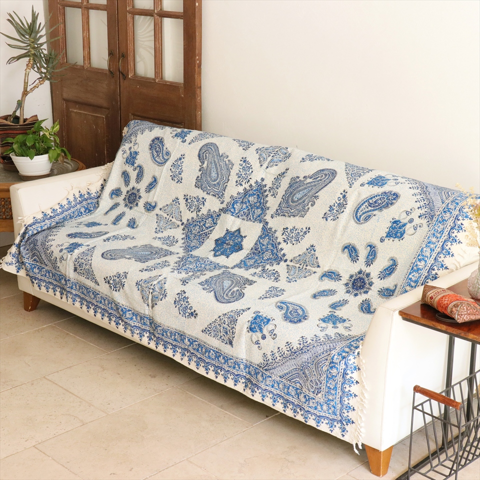 ペルシャ更紗 イラン手染め布 190×130cm ブルー系 ペイズリー柄 テーブルクロス ソファカバー
