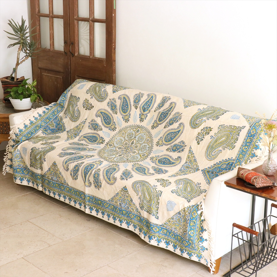 ペルシャ更紗 イラン手染め布 200×130cm ブルー/グリーン ペイズリー柄 テーブルクロス ソファカバー