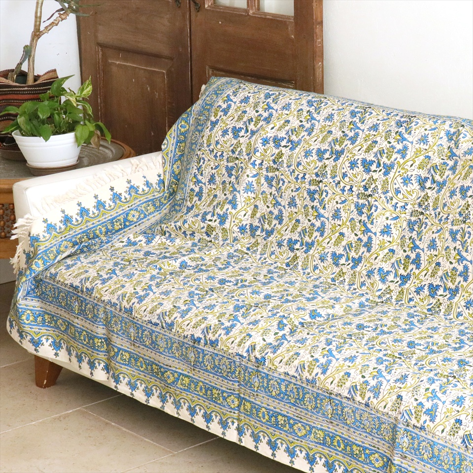 ペルシャ更紗 イラン手染め布 200×132cm ブルー/グリーン 葡萄柄 テーブルクロス ソファカバー