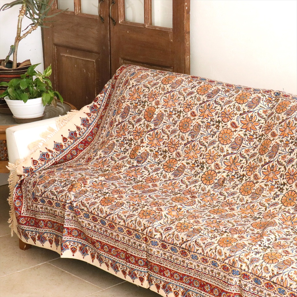 ペルシャ更紗 イラン手染め布 192×130cm アンバー系 フラワー柄 テーブルクロス ソファカバー