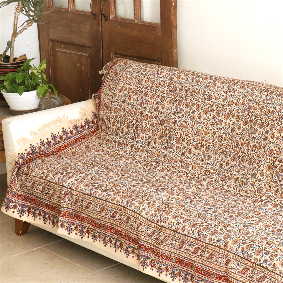 ペルシャ更紗 イラン手染め布 193×130cm アンバー系 フラワー柄 テーブルクロス ソファカバー