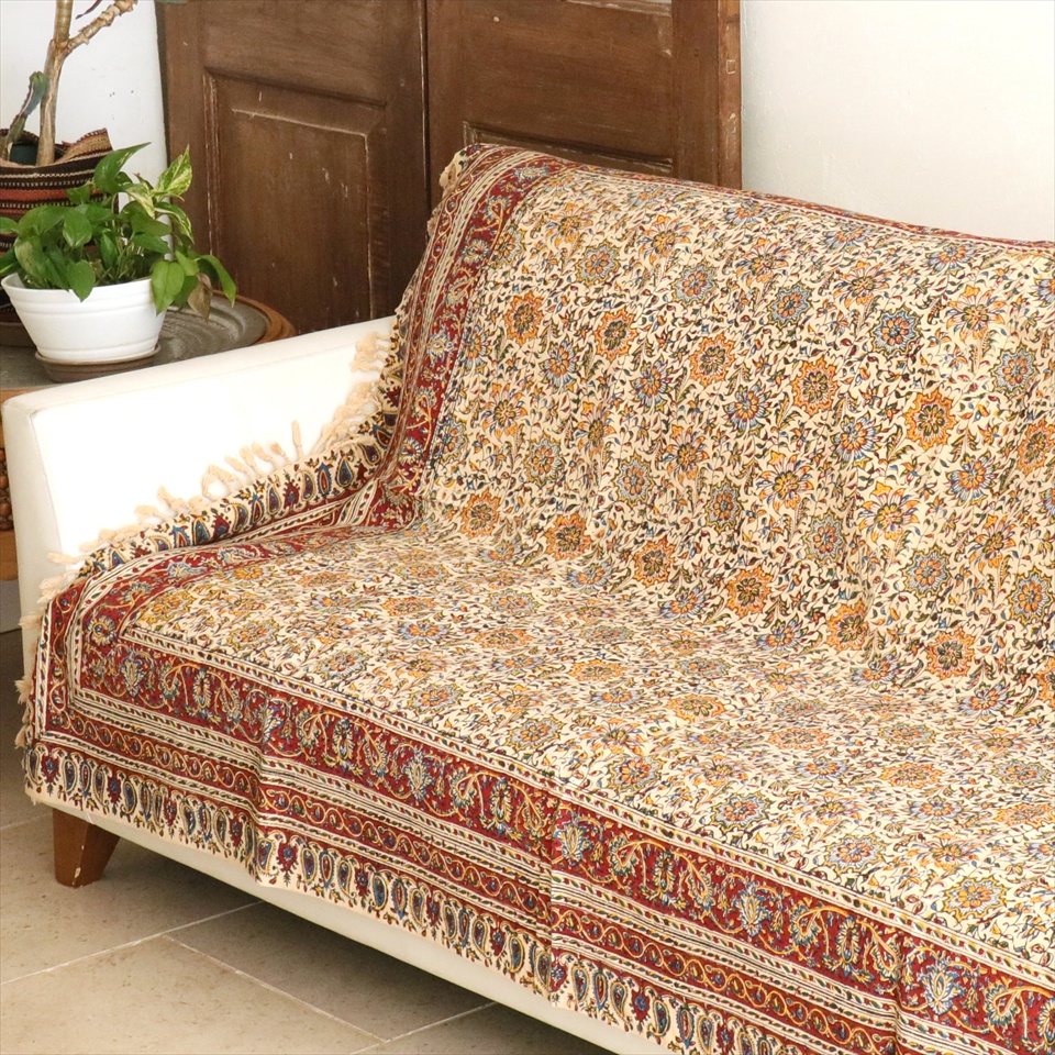 ペルシャ更紗 イラン手染め布 183×128cm アンバー系 フラワー柄 テーブルクロス ソファカバー
