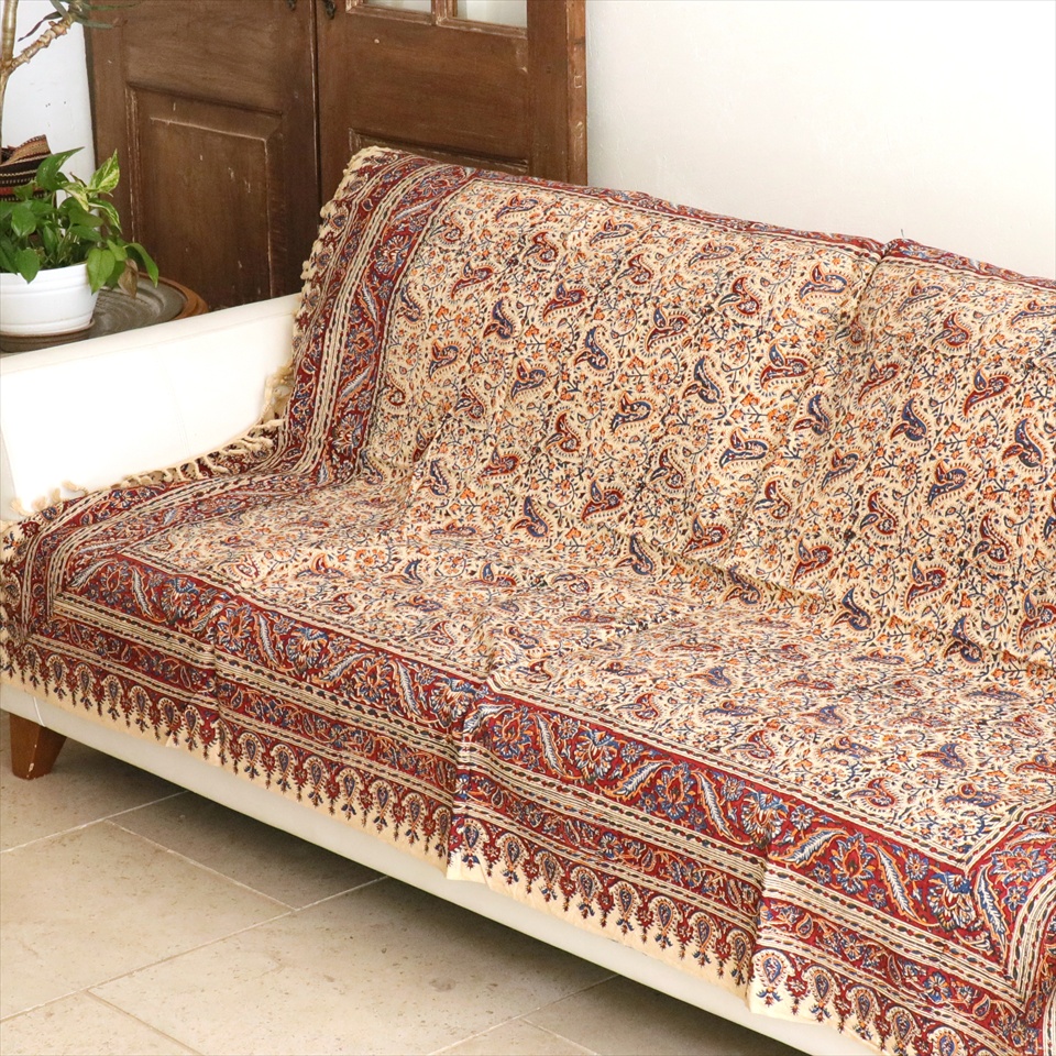 ペルシャ更紗 イラン手染め布 186×125cm アンバー系 フラワー柄 テーブルクロス ソファカバー