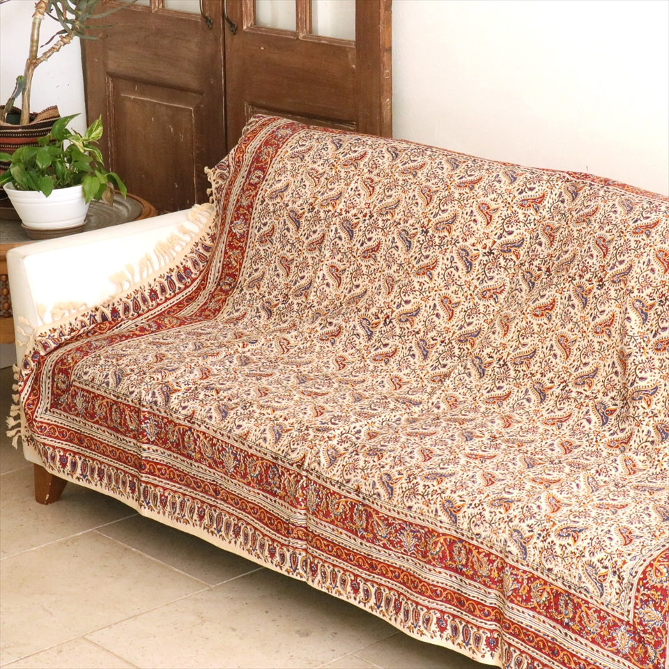 ペルシャ更紗 イラン手染め布 190×130cm アンバー系 フラワー柄 テーブルクロス ソファカバー