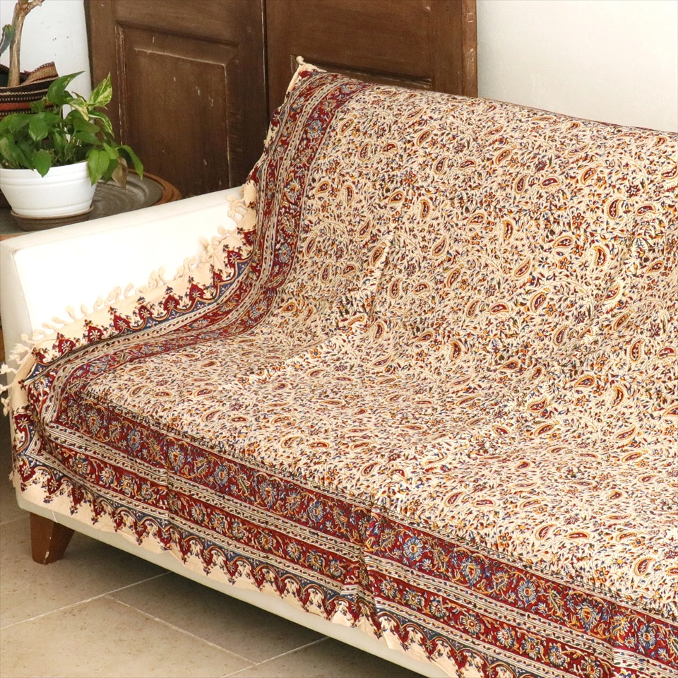 ペルシャ更紗 イラン手染め布 184×130cm アンバー系 フラワー柄 テーブルクロス ソファカバー