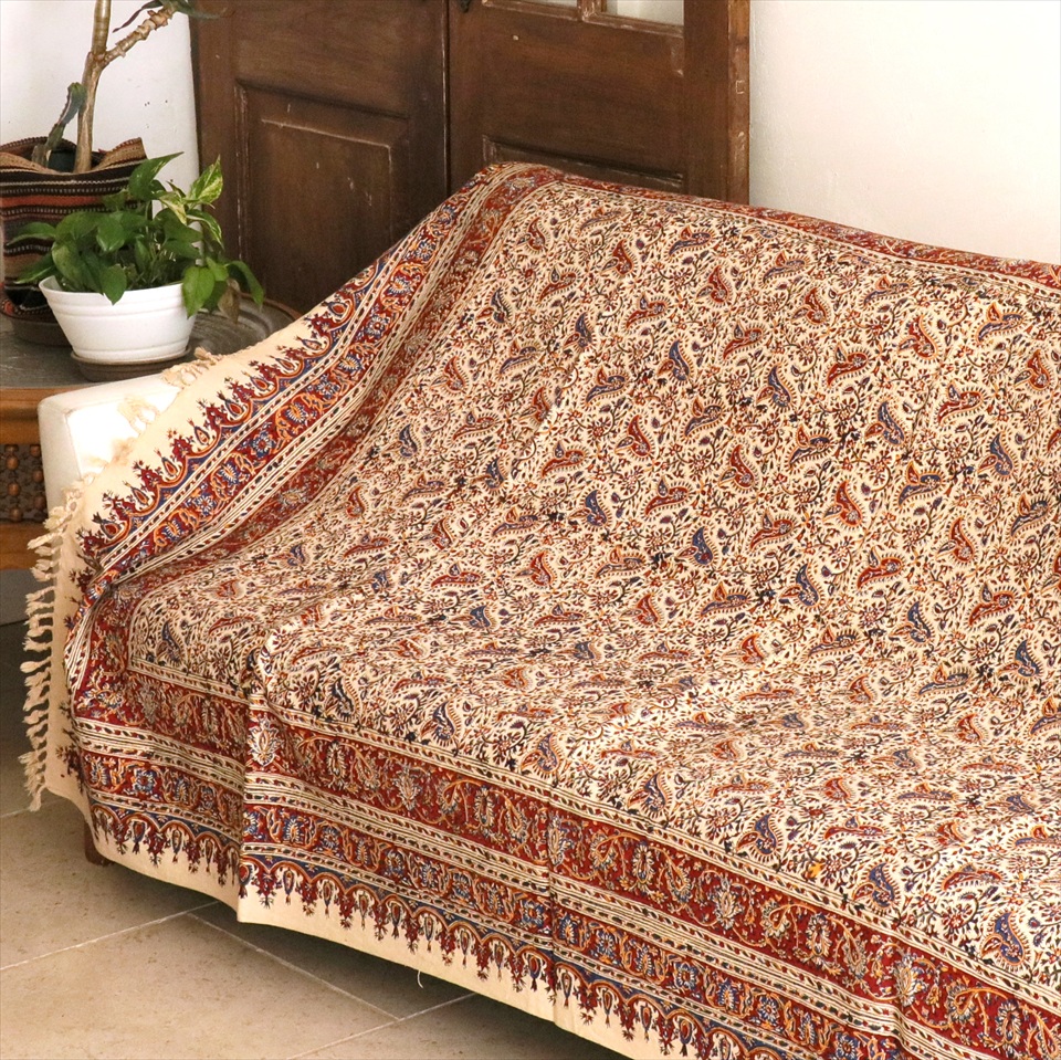 ペルシャ更紗 イラン手染め布 190×130cm アンバー系 フラワー柄 テーブルクロス ソファカバー